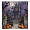 Halloween Shower Curtain Scary Night Full Moon Black Dead Tree Gothic Haunted House Castle Pumpkin Courtyard Door Happy Halloween Bathroom Decor