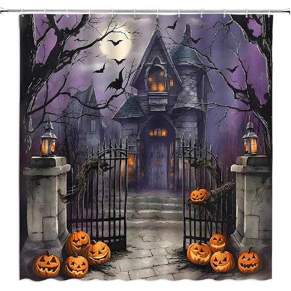 Halloween Shower Curtain Scary Night Full Moon Black Dead Tree Gothic Haunted House Castle Pumpkin Courtyard Door Happy Halloween Bathroom Decor