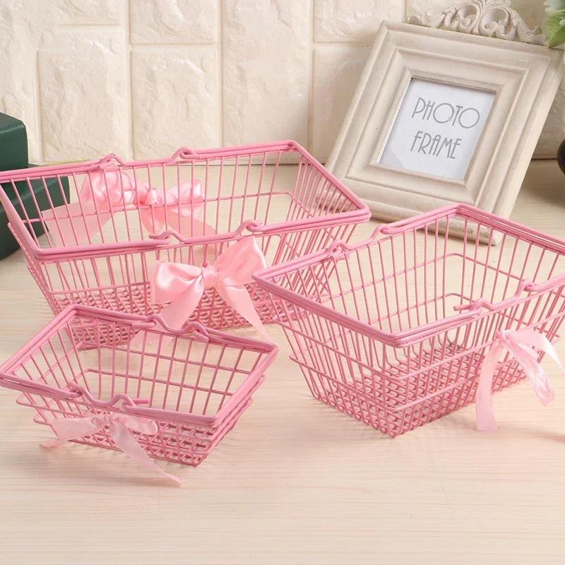1PCS Iron Mini Pink Basket For Girl Storage Iron Basket Desktop Finishing For Jewelry Cosmetics Parts For Home Company Outdoor