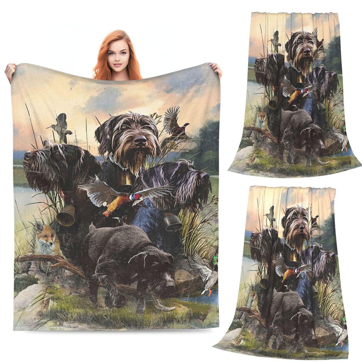 German Wirehaired Pointers Gundogs Blankets Soft Warm Flannel Throw Blanket Bedspread for Living room Picnic Travel Home Couch Size: 75*100cm, Weight: 230 GSM