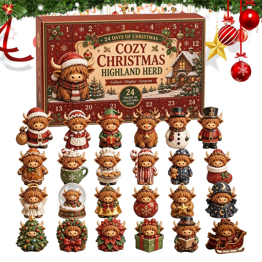 2026 Cute Highland Cow Advent Calendar 24 Days Christmas Countdown Mini Highland Cow Figurine Christmas Gift Navidad Home Decor