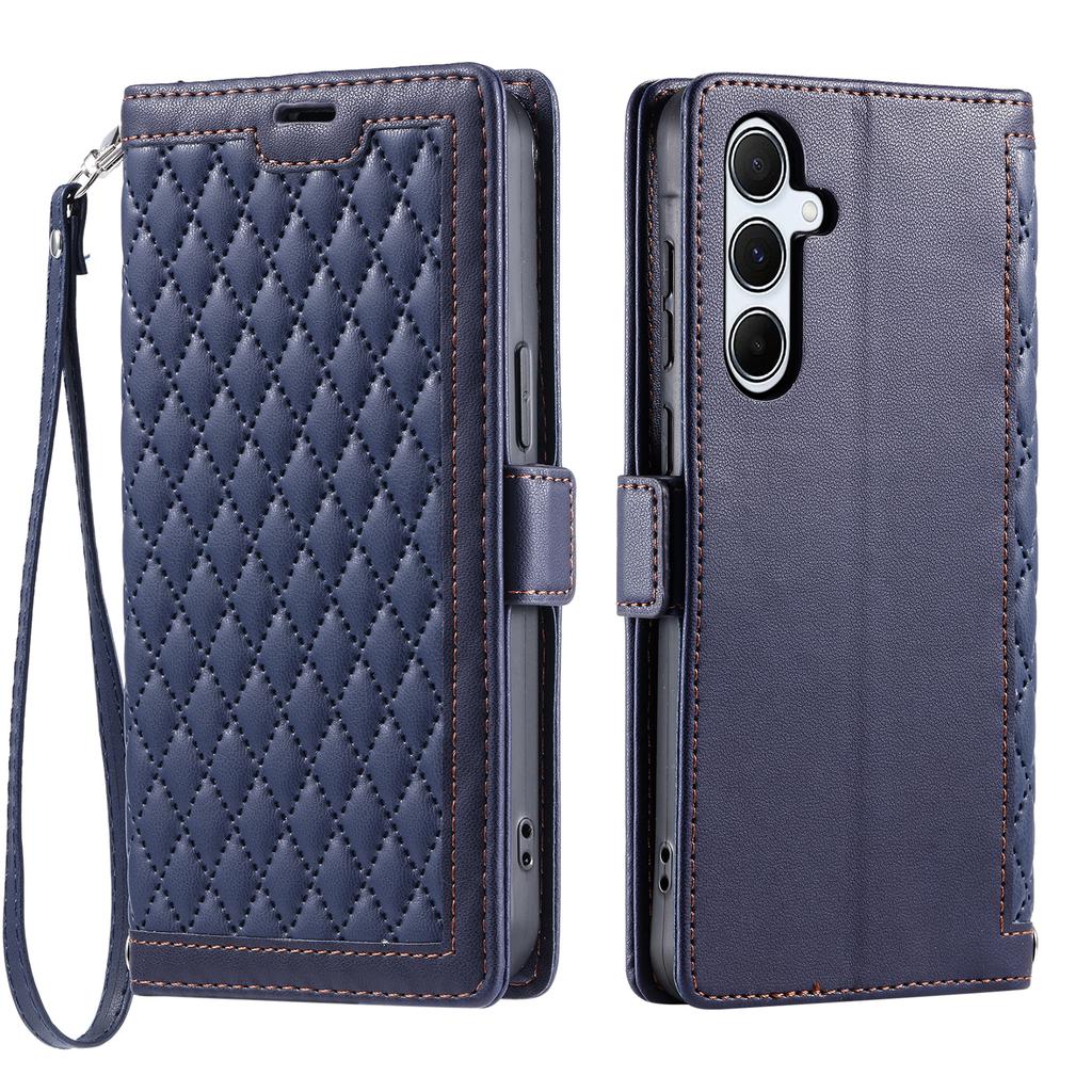 For Samsung Galaxy A17 Leather Case Rhombus Texture Wallet Stand Phone Cover with Wrist Strap
