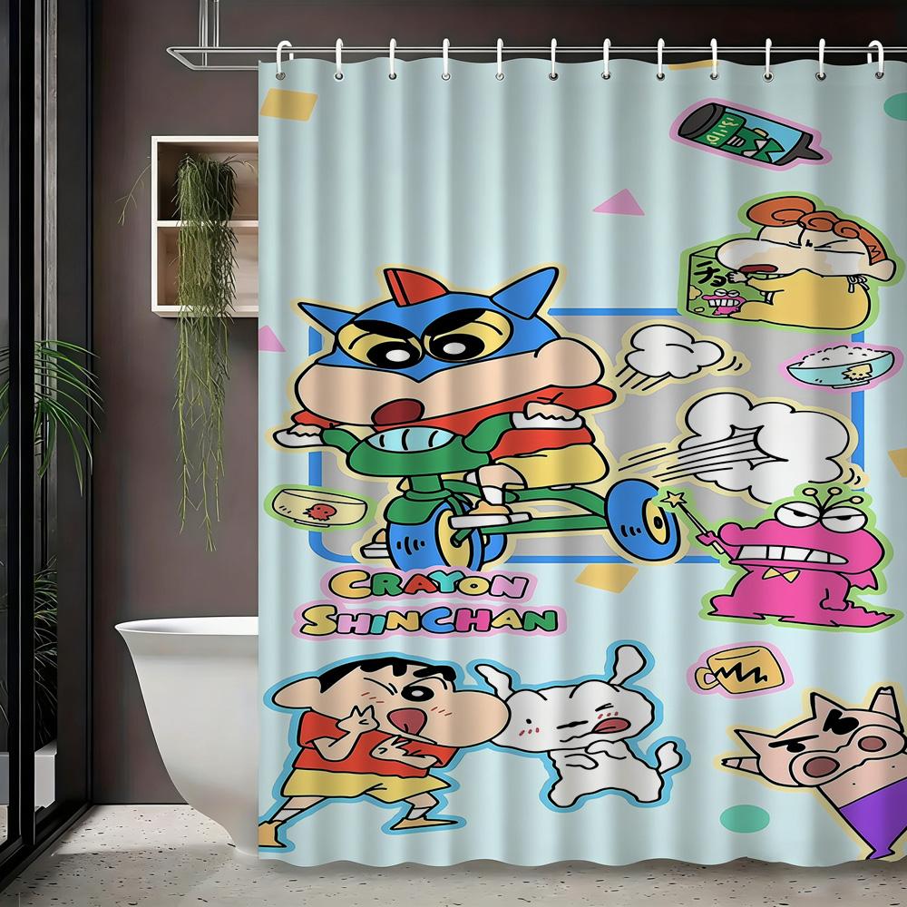 Crayon Shin-Chan Himawari & Pink Crocodile Toy Cartoon 2D Print Waterproof Shower Curtain, Minimalist White With Colorful Stars