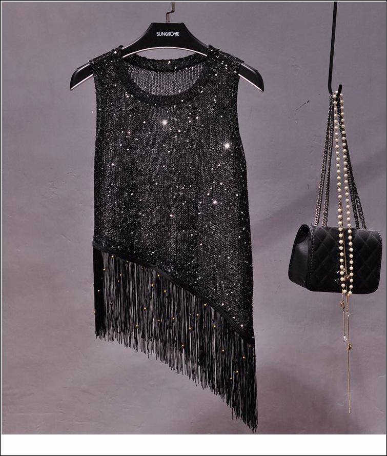 2019 Korean Style Sequin Tassel Spaghetti Strap Vest - Gold Thread Sleeveless Knitted Top for Women