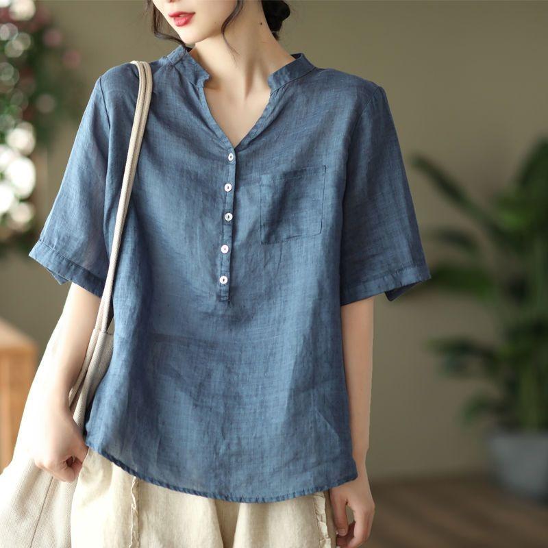 

Women Linen 2 Piece Outfit V Neck Short Sleeve Shirt High Waist Harem Pants Set L темно-синього кольору