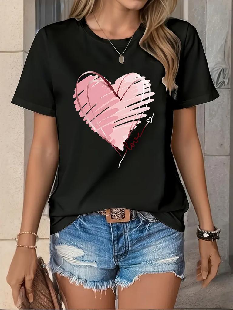 Heart Cartoon Print Graphic T-shirt Women's Casual Sports Aesthetic Clothes
