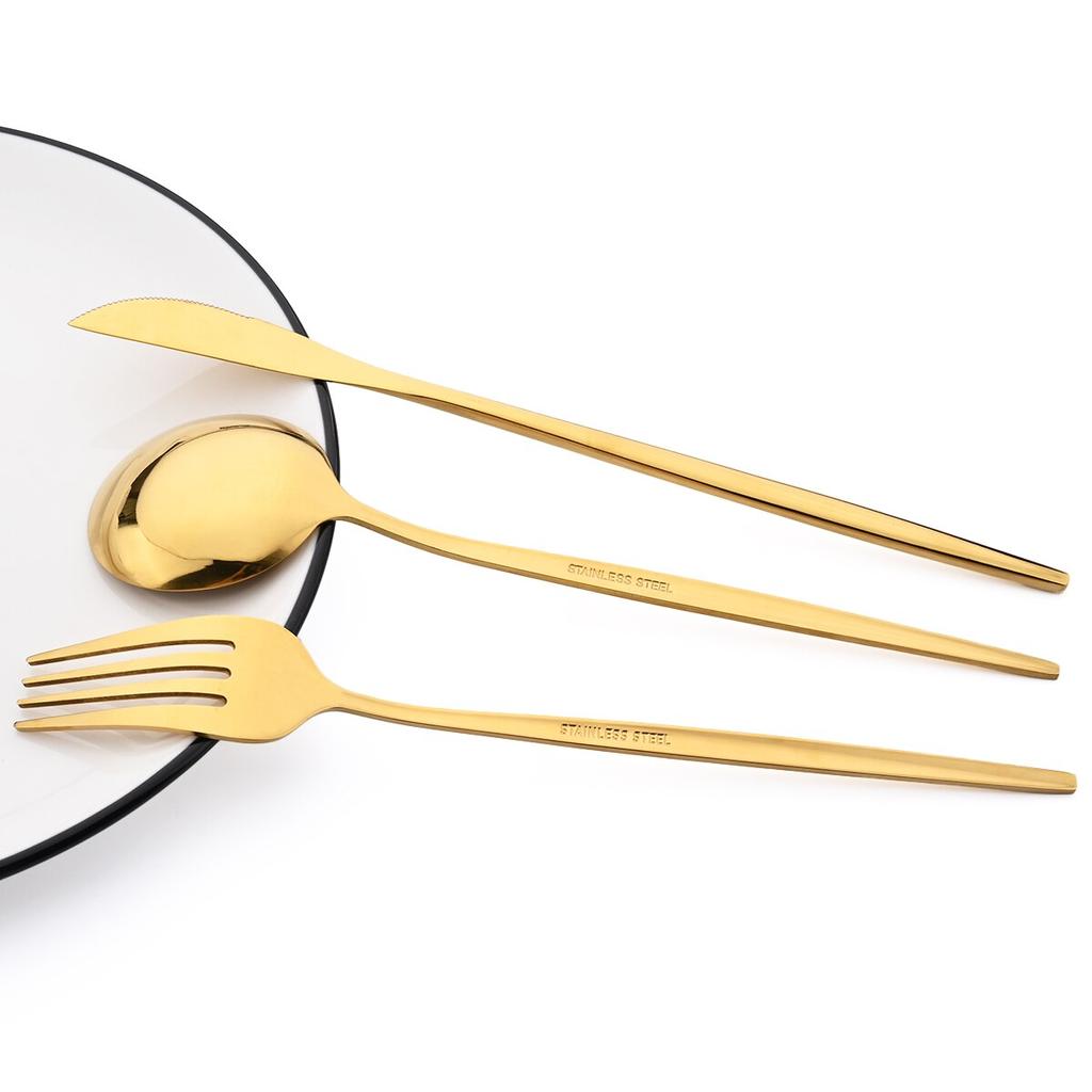 Set de vesela din aur, 24 buc, cuțit de masă, furculiță, lingură de cafea, tacâmuri, tacâmuri din oțel inoxidabil, tacâmuri de bucătărie, argintărie