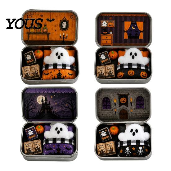 Halloween Candy Storage Mini Tin Box Gift, Plush Ghost with Haunted House Cabin Illustration Scene, Collectible Micro Theater Gift for Kids,
