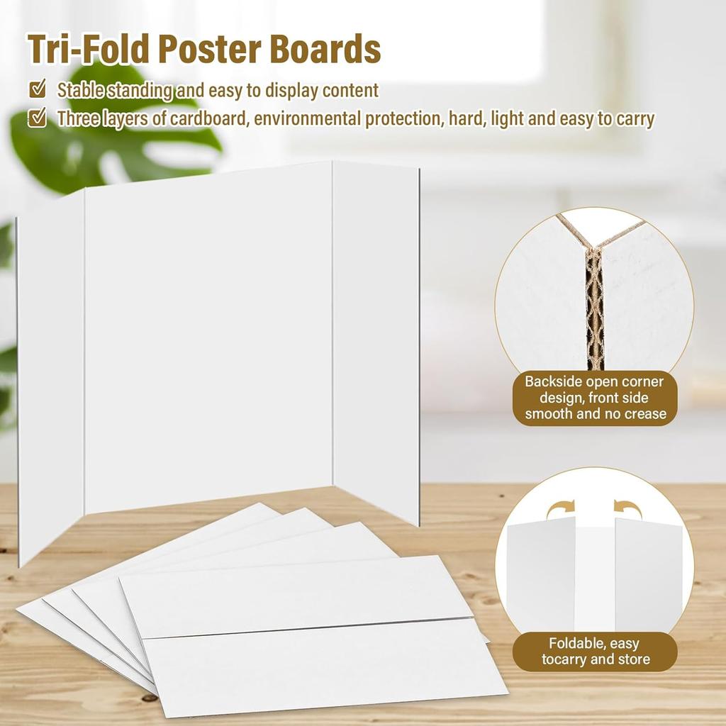 4 Pcs Trifold Poster Board, 21.5x14 inches Small White Poster Board Comes with Sticky Accessories, Corrugated Presentation Boards, Display Board for
