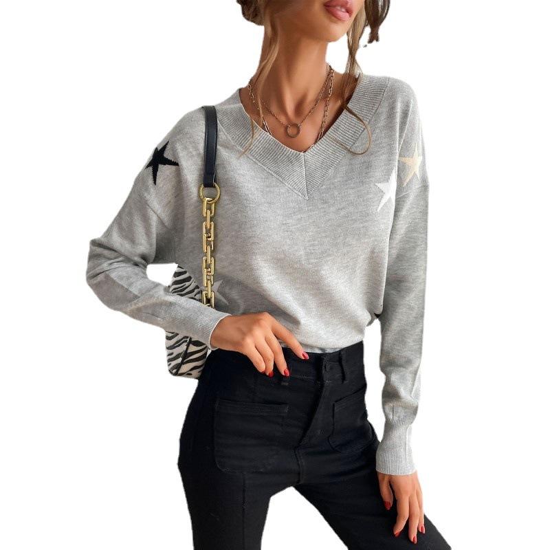 Vintage Fashion Elegant Casual Autumn Clothing Gray V-neck Loose Pullover Pentagram Sweater
