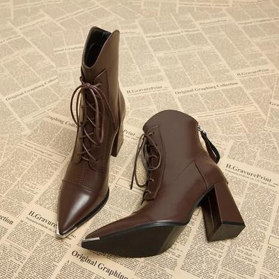 Dames Hoge Hak Laarzen Temperament Puntige Leren Laarzen Mode Casual Enkellaarsjes voor Dames Hoge Hakken Korte Laars Botas Mujer