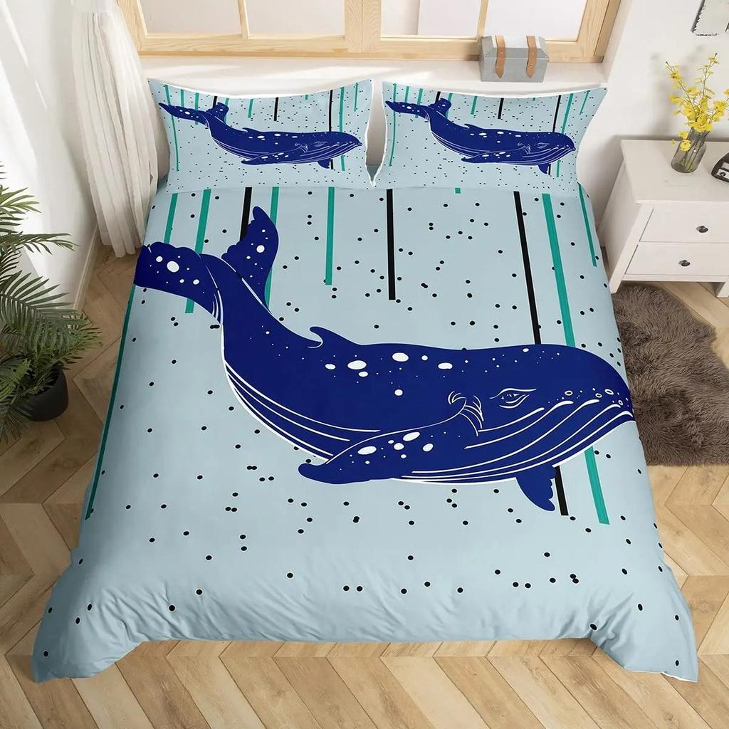 Wale Königin Bettbezug Ozean Tier Bettwäsche Set Seetang Seestern Meeresleben Steppdeckenbezug Blau Polyester Bettbezug