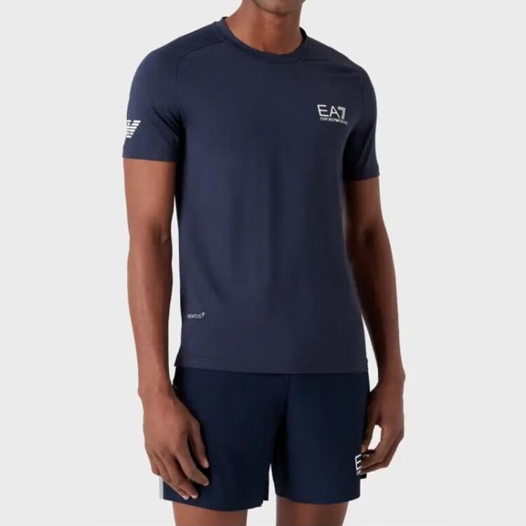 Emporio Armani EA7 Series Letter Logo Print Mesh Spliced Short Sleeve T-Shirt Men tops Blue 8NPT22-PJEMZ-1554