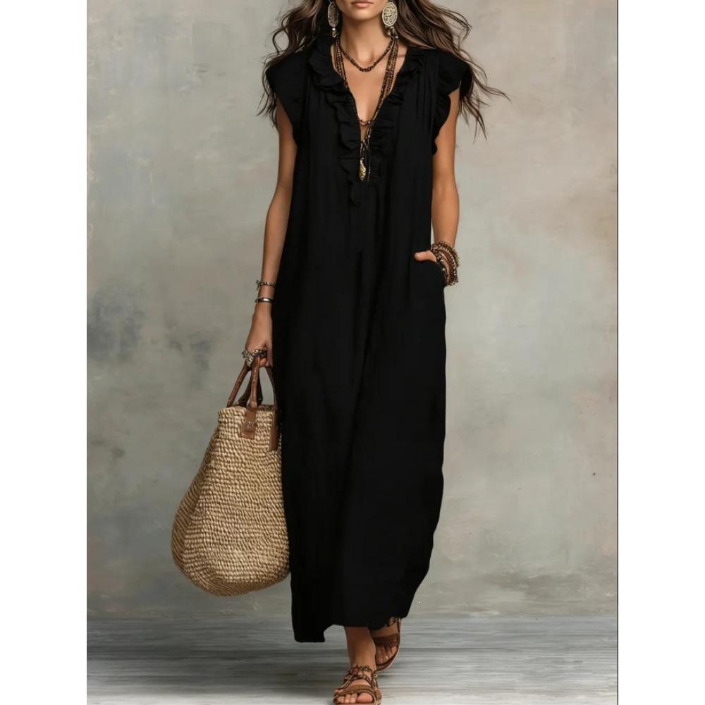 Women's Ruffle V Neck Cap Sleeve Solid Linen Blend Maxi Dress With Side Pockets Boho Floor Length Casual Gown