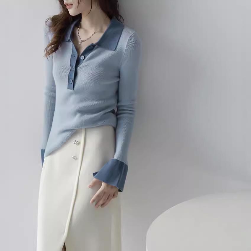 MZOXOM Women's Color Block Polo Collar Sweater - High-End Pullover Knitwear
