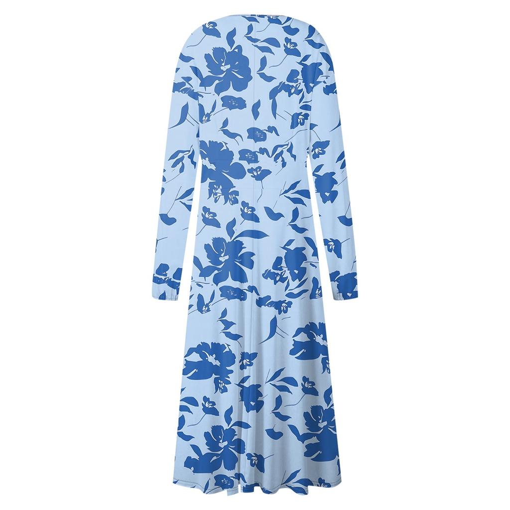 Women's And Winter Casual Fashion V-neck Long Sleeve Print Long Dress