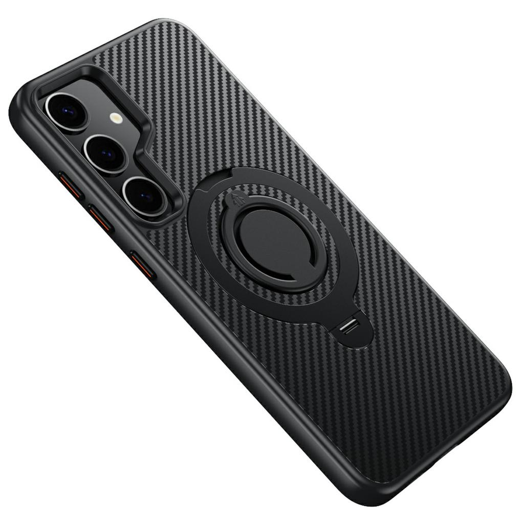 Für Samsung Galaxy S24 Hülle Kompatibel mit MagSafe Ständer Carbonfaser Textur PC+TPU Rückseite mit Silikonring