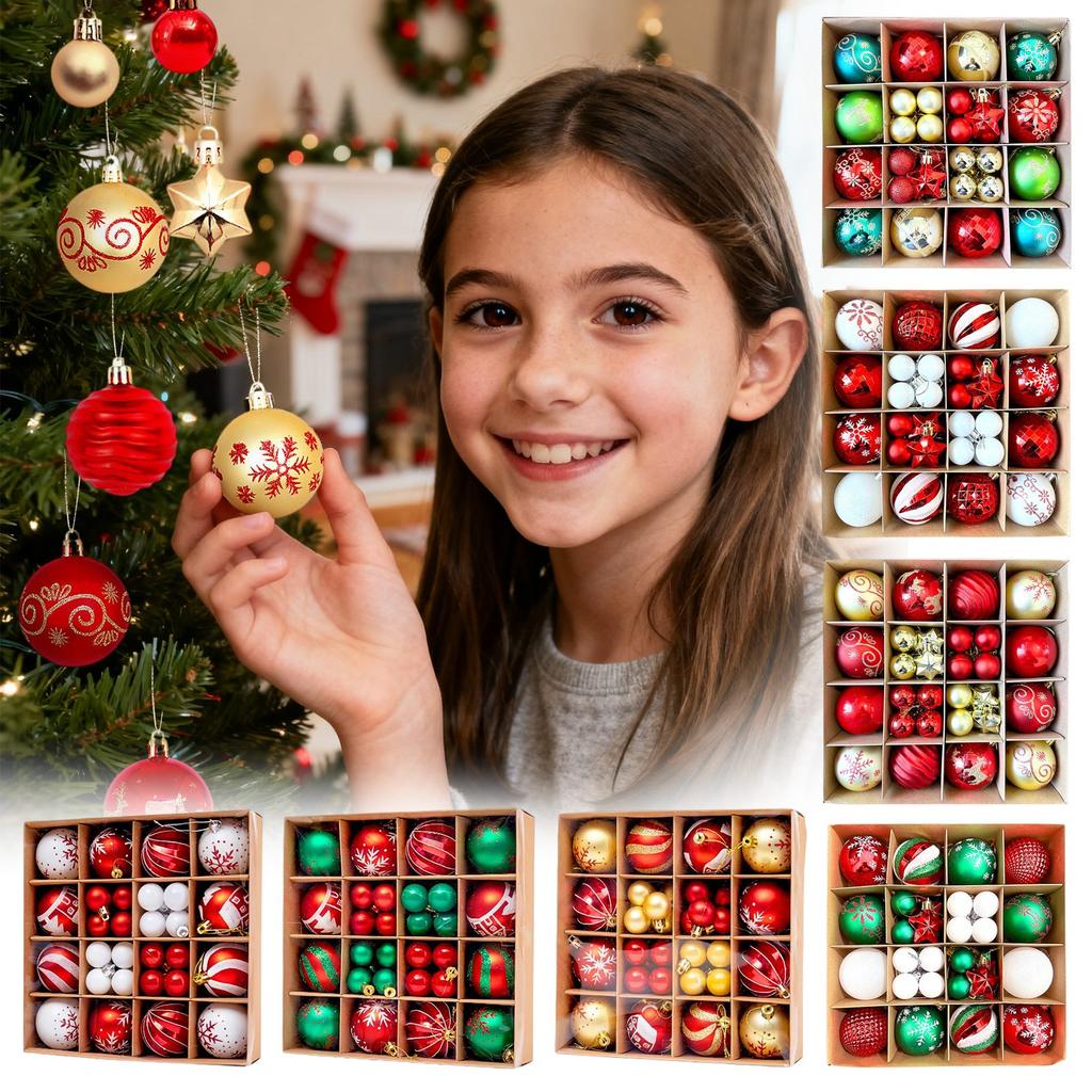 44pcs Christmas Tree Ornament Plastic Ball Decorations For DIY Crafts And Painted Designed Boxes Pendant