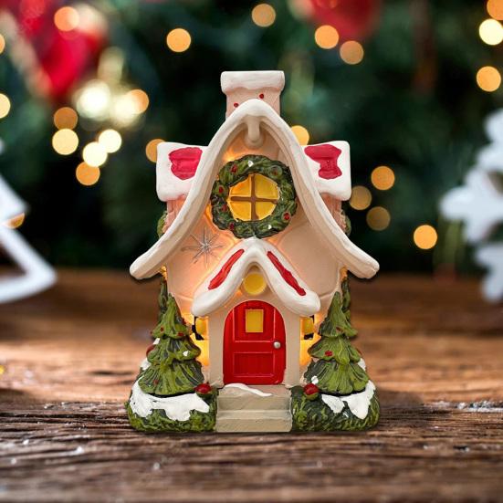 Mini Christmas House Figurine Small Resin Snowy Village House Statue with Wreath And Pine Trees for Fairy Garden Holiday Decor Micro Landscape