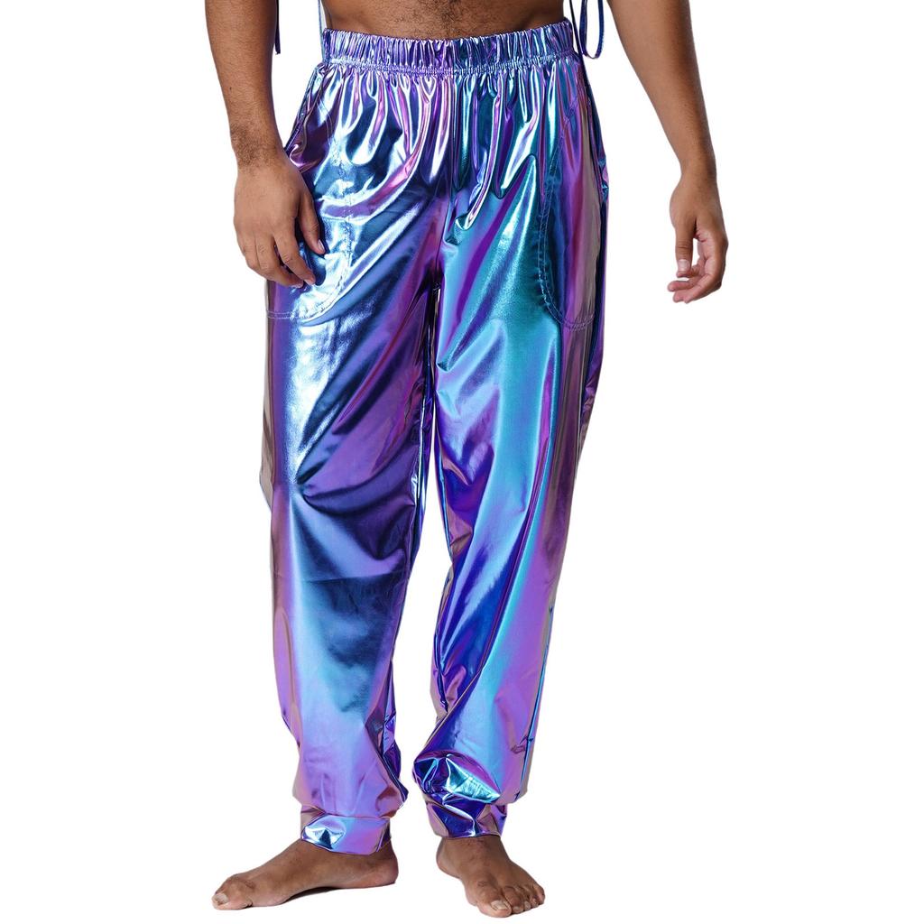 Mens Shiny Sport Pants Metallic High Waist Elastic Waist Loose Fit Modern Dance Pants Performance Wear