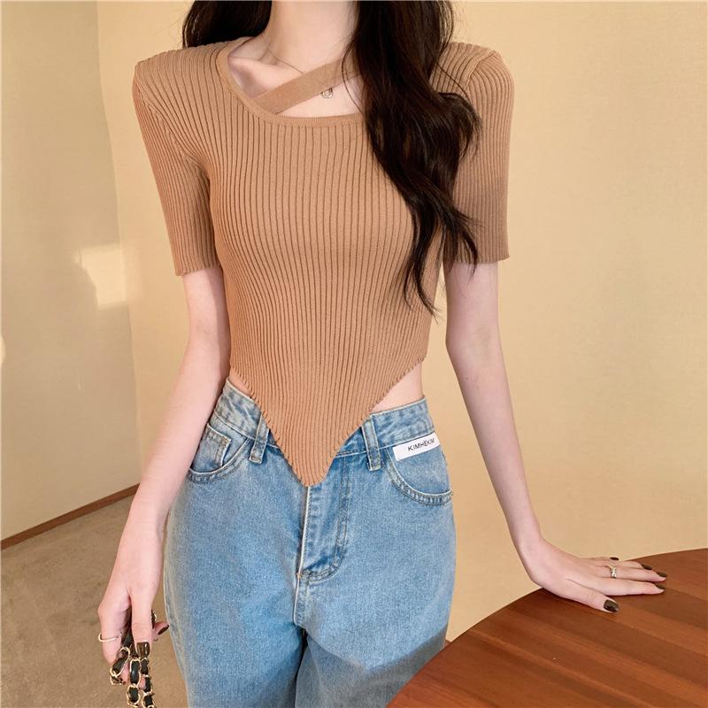 Design Sense Irregular Exposed Collarbone Versatile Chic Short Section Knit Short-sleeved Tops Casual Essential Comfort Style Slim Fit Pullovers Tees