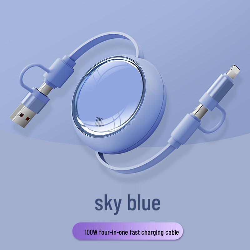 4-in-1 100W Retractable Fast Charging Cable, Compatible with Apple & Huawei.