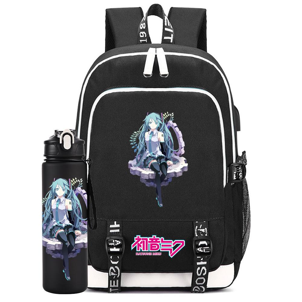 2 ks/sada Anime Hatsune Miku Potisknutý Batoh Velkokapacitní Školní Taška s 750ml Láhví na Vodu na Notebook Student Chlapec Dívka Velkokapacitní Vodotěsná Školní Taška