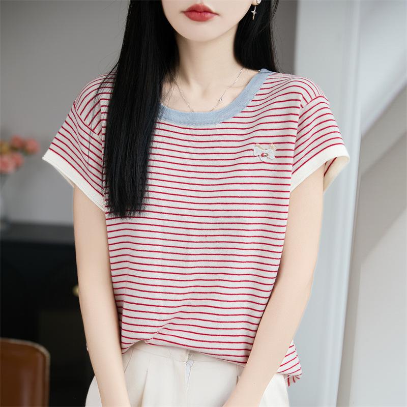 Round-neck Knitted Short-sleeved Women's Summer New Style Multi-color Striped Little Horse Base Layer T-shirt