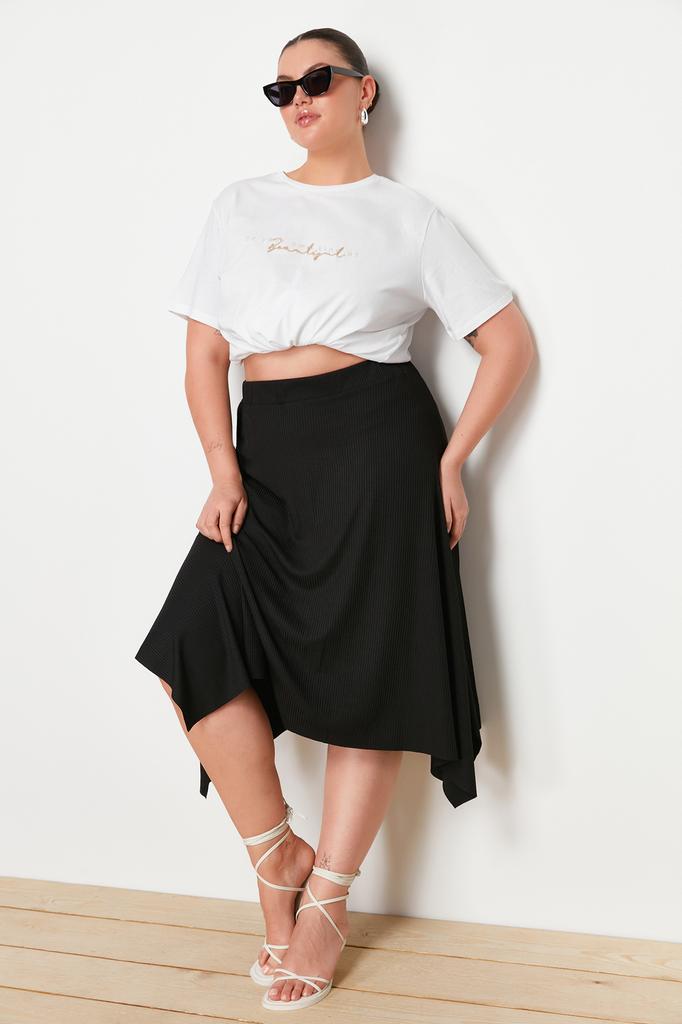 Fustă Tricotată Asimetrică Maro cu Model Animalier Mărimi Mari pentru Femei