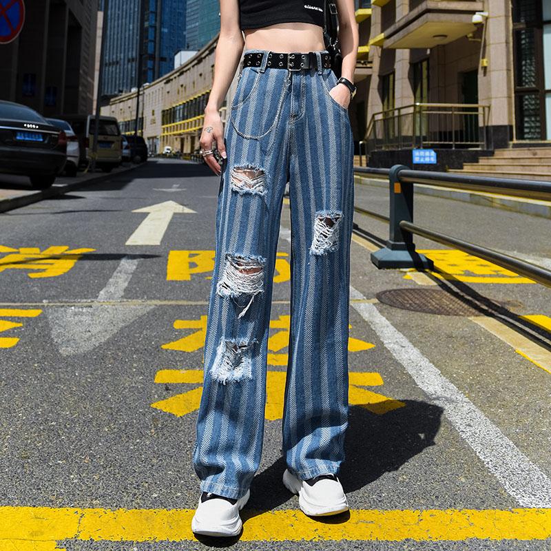 

Осенние модные брюки с высокой талией, свободные жаккардовые полосатые длинные брюки с широкими штанинами, женские брюки с дырками