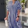 Lightweight Summer Dress Women Striped Print Color Matching V Neck Short Sleeves Loose Lady Maxi A-line Side Split Commute Casual Long Sleeve