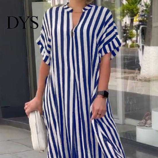 Lightweight Summer Dress Women Striped Print Color Matching V Neck Short Sleeves Loose Lady Maxi A-line Side Split Commute Casual Long Sleeve