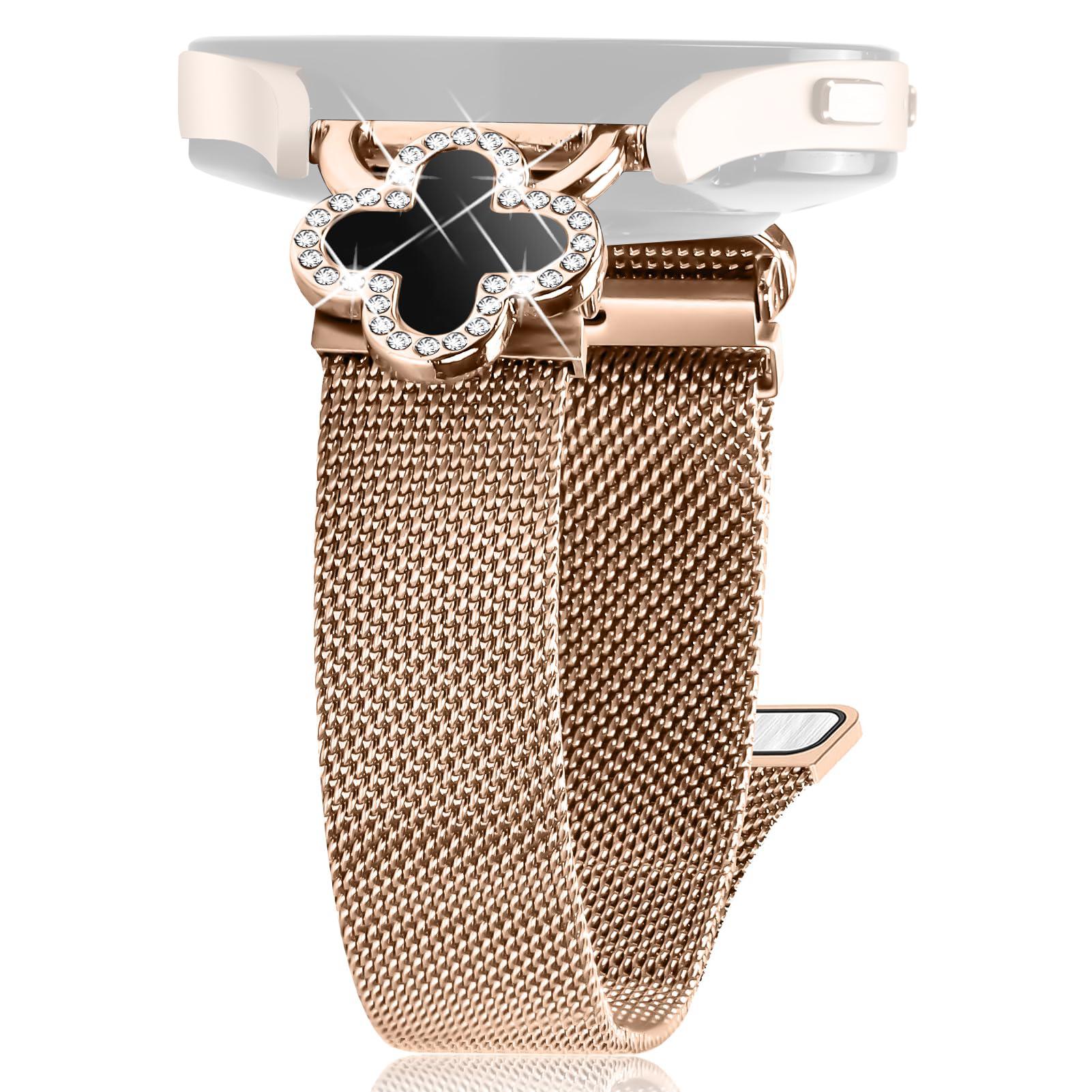 

For Realme Techlife Watch S100 Milanese Band Clover Decor Electroplated Stainless Steel Strap,Size: L Rose Gold/Black