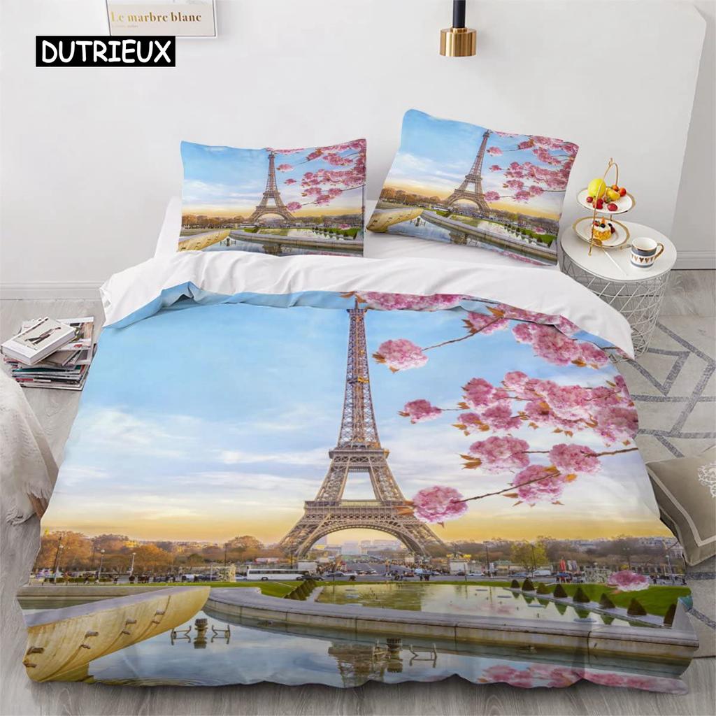 Eiffelturm Bettbezug-Set King-Size Vintage Schönes Weltberühmtes Gebäude Sakura Twin Polyester Bettwäsche-Set für Kinder Mädchen