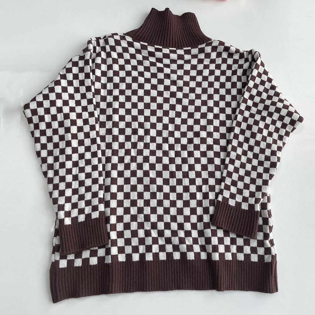 Women's Autumn and Winter Checkerboard Lapel Loose Knit Colour Block Sweater