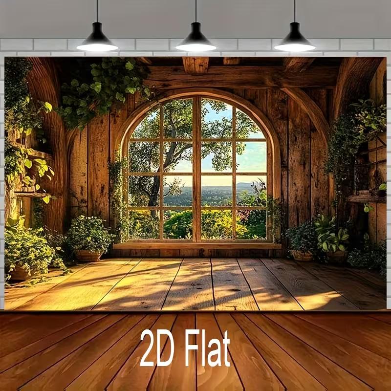 

2D Cozy Cottage Background, Arched Window with Nature View Themed Photoshoot Backdrop 47.2x31.5inch/120*80cm