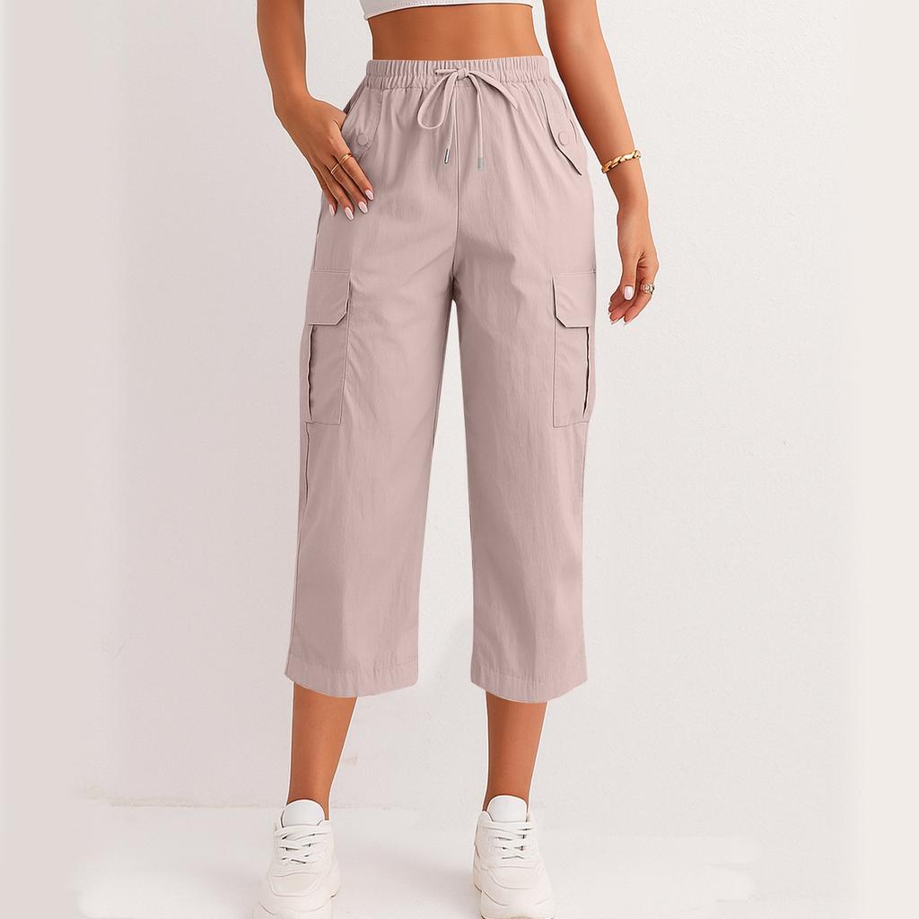Women's Fashionable Drawstring With Flip Pocket Solid Color Captcha Pants Work Pants