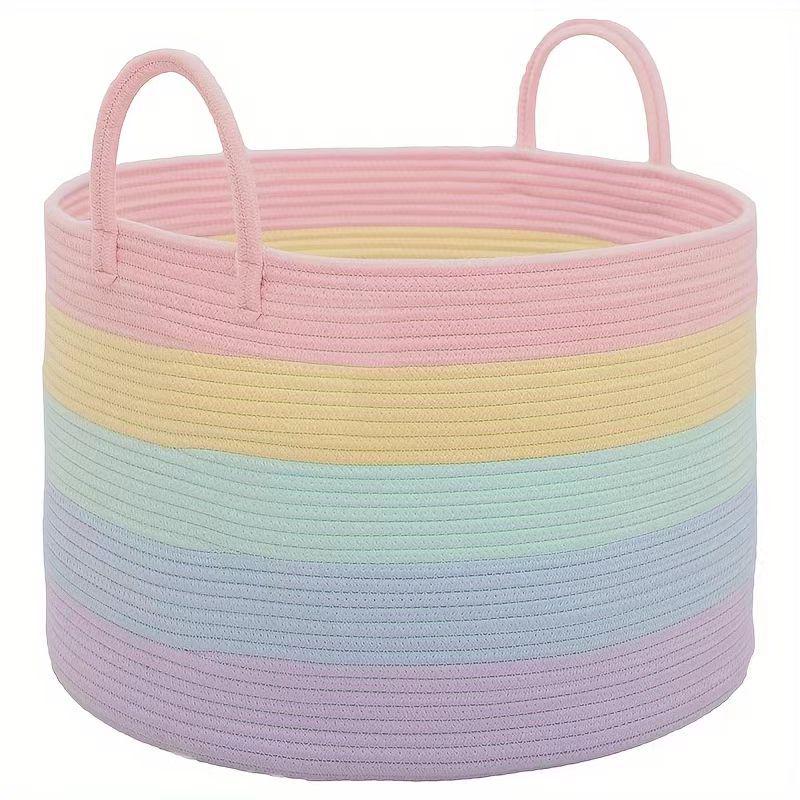 Rainbow Patchwork Large Cotton Rope Storage Basket - Minimalist Laundry Hamper Desktop Organizer for Fresh Bedroom Storage 50x33 cm 2765₽