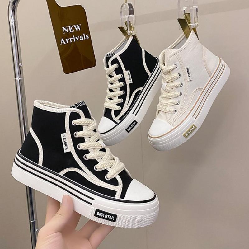 Spring, Summer, Autumn and Winter Women's Shoes Women's Sneakers Canvas Shoes Mid-cut Round Toe Lace-up Casual All-match Shoes
