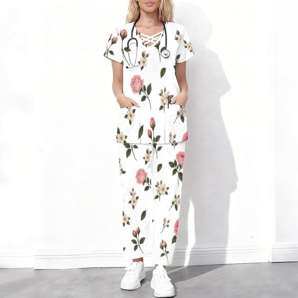 Women Plus Size Floral Printed Cutout Neck Short Sleeve Scrub Set With Pockets Top And Long Pants Two Piece