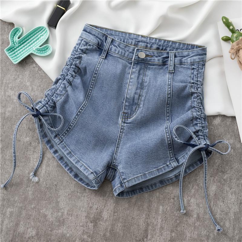 Elastic High Waisted Denim Shorts for Women Summer Drawstring Design Wide Leg Pants A-line Shorts