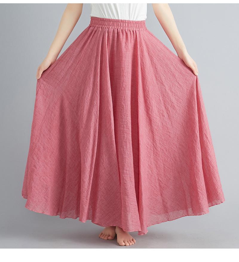 2024 Japan & Korea Loose Cotton-Linen Elastic Waist Midi Skirt – Solid Color A-line Swing Skirt