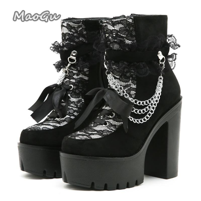 Fashion Gothic Vintage Chunky Heel Thick Bottom Short Boots Women Lace Chain 13CM High Heels Punk Ankle Boots for Women Botas Mujer