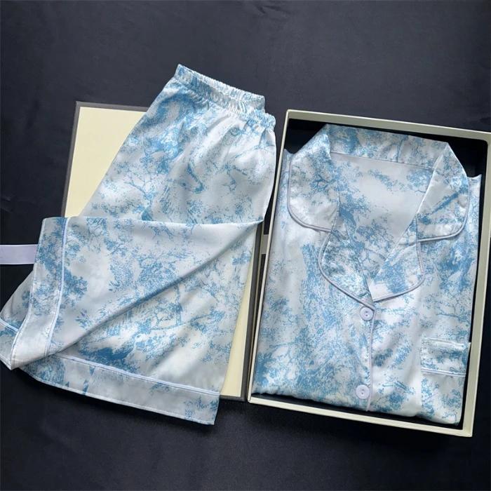 Damen 2-teiliges Pyjama-Set Sommer Neu Grün Sandmalerei-Druck Faux-Seide Zweiteiliges Set Hauskleidung Weiche Lässige Pyjamas Shorts