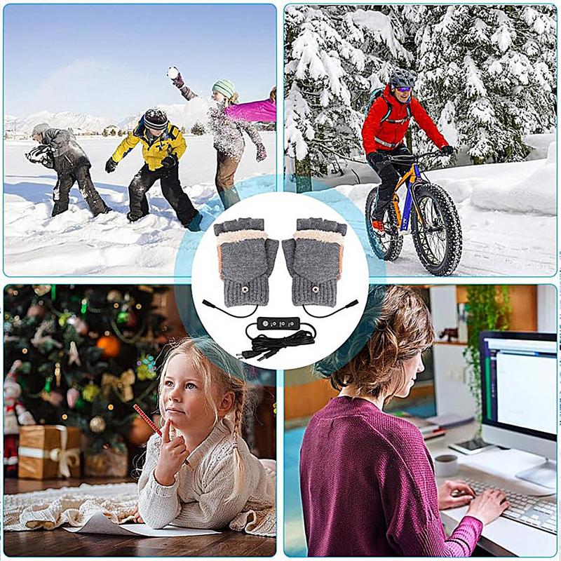 Electric Heating Gloves Knitting Heated Cold Weather Mittens With 3 Heat Settings Full & Half Fingers Warmer For Hiking Winter