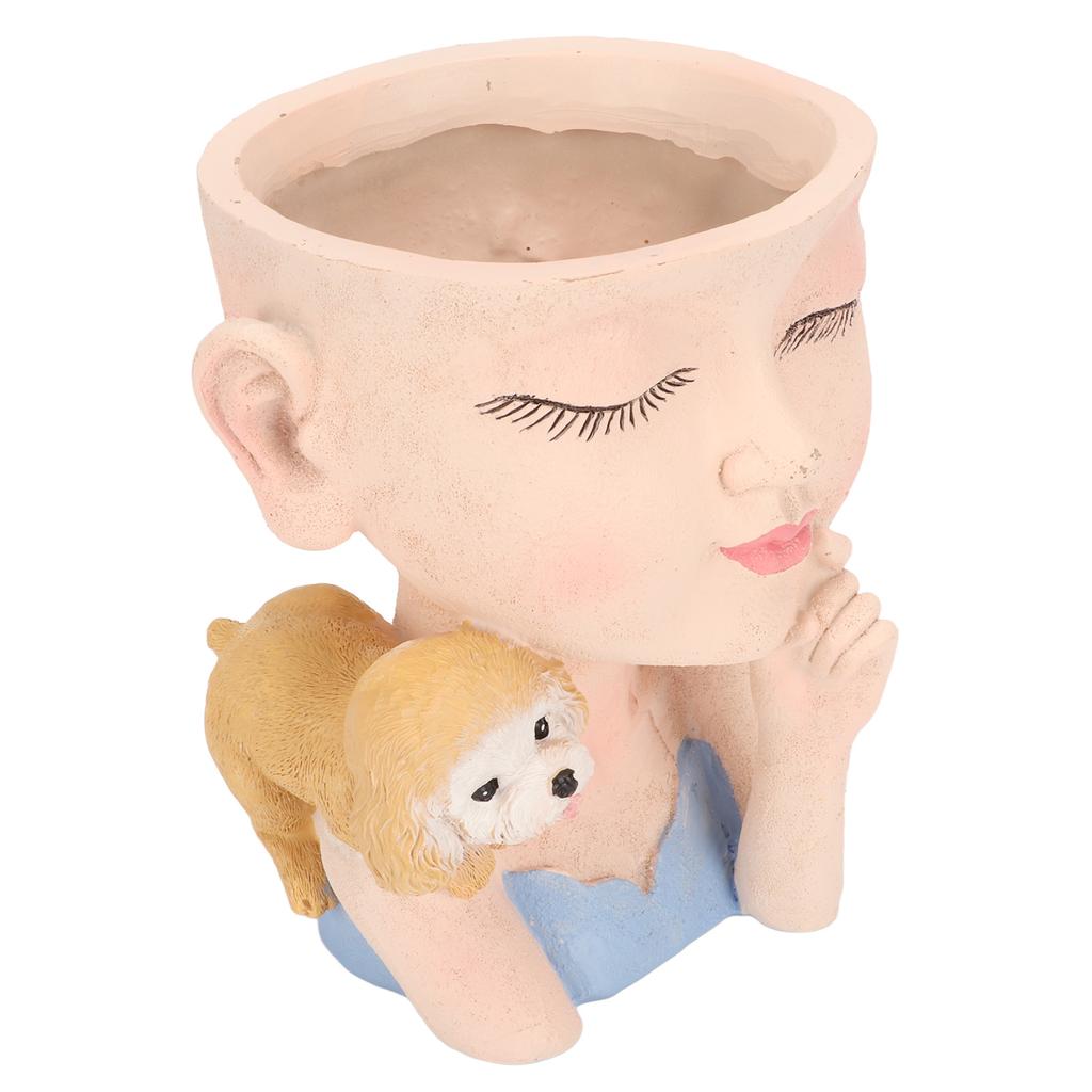 Blomkruka Flicka och Hund Söt Stil Dräneringshål i Botten Dekorativ Harts 12.5x11x14cm Skrivbordsplanteringskruka