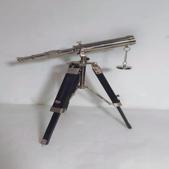 Handmade Brass Spyglass Telescope Chrome Finish, 35.56 Cm Wooden Tripod Perfect for Desk, Shelf, Office, Study, or Library Decor