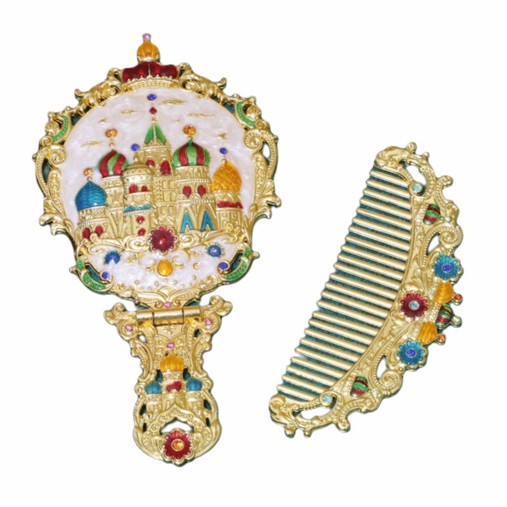 3D Handheld Handheld Mirror Set Portable Luxury Foldable Cosmetic Mirror Durable Collapsible Retro Relief Folding Comb Set