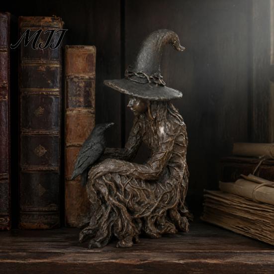 Crow Witch Sculpture Halloween Tree Statue, Gothic Resin Figurine, Fantasy Art Collectibles Dark Enchanting Ornament, Holiday Party Supplies