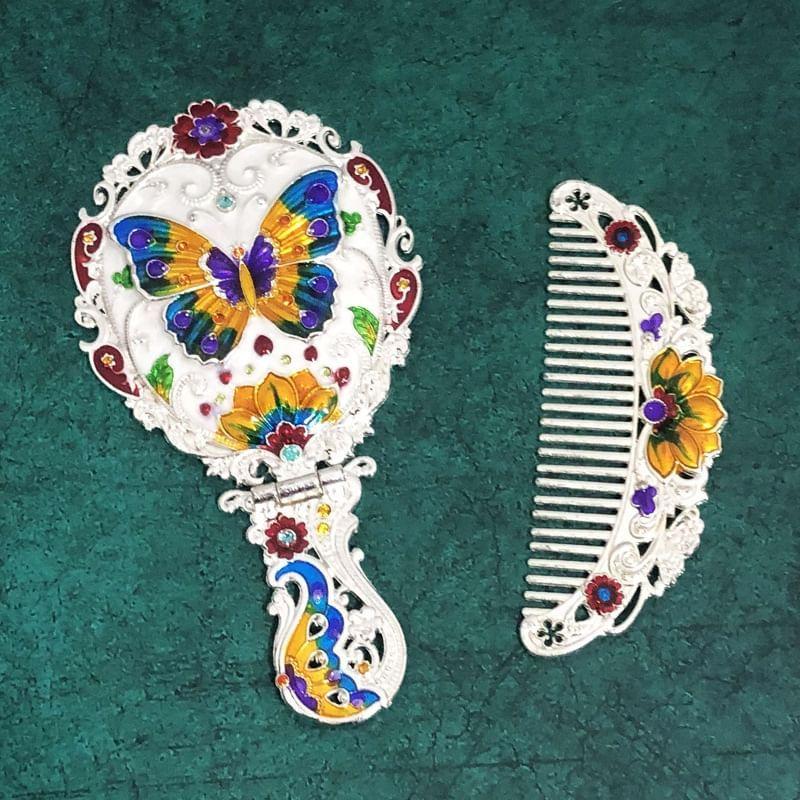 Tuban - Set: Castle / Butterfly / Peacock Alloy Handheld Mirror + Hair Comb (Various Designs)